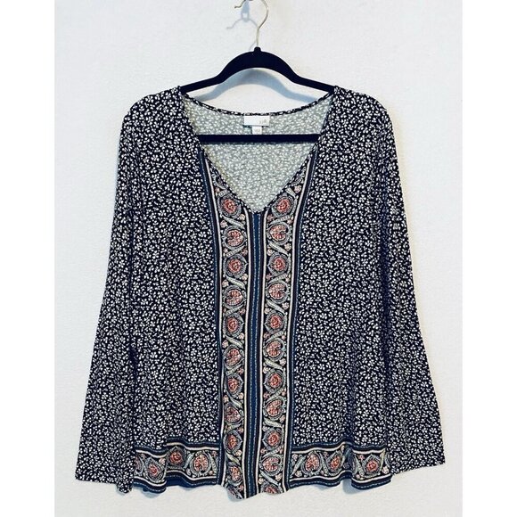 J Jill Top Womens Large Boho Border Print V Neck Long Sleeve Flowy Peasant - Picture 1 of 8